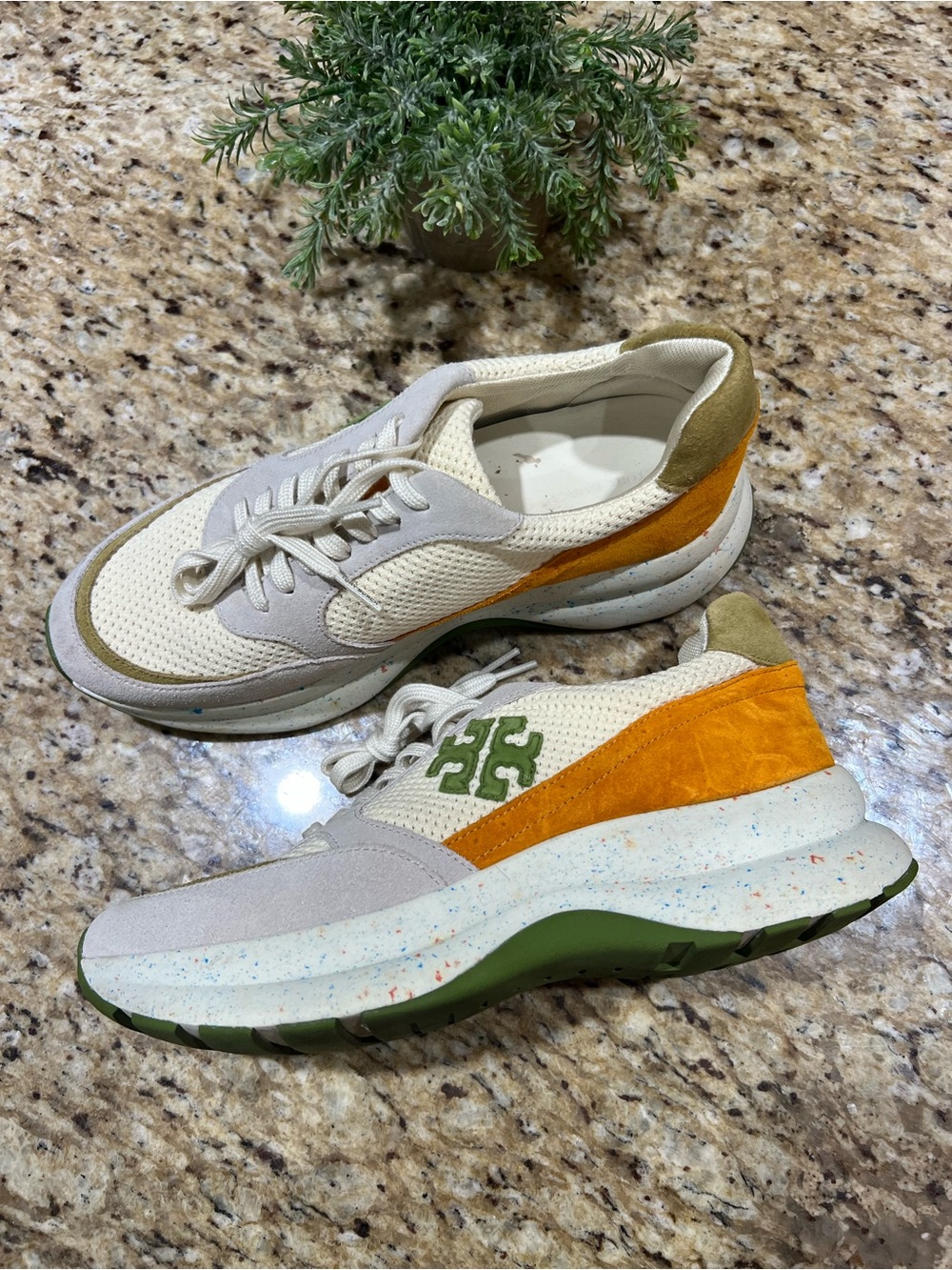 Tory Burch Good Luck Trainer Ivory Cream Vibrant Green w/ Speckles Sneakers 10 - Picture 2 of 11